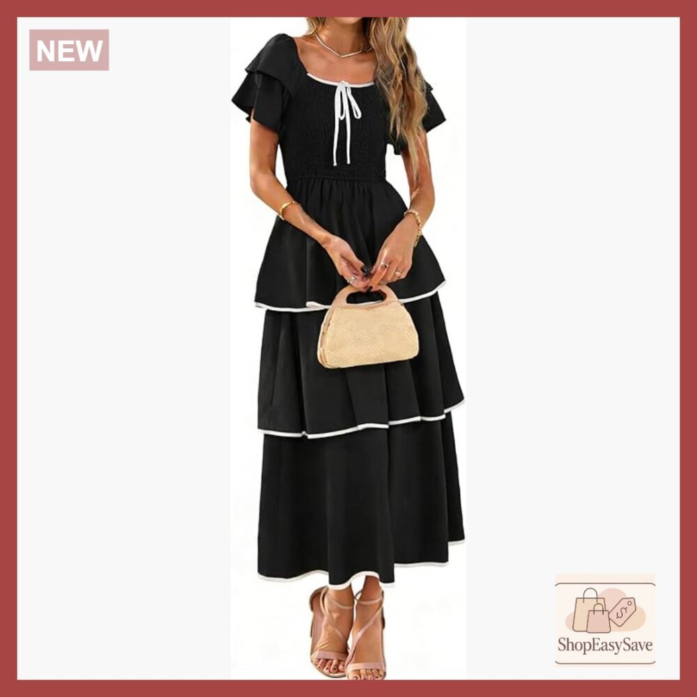 Boho Maxi Dress Smocked Tiered Square Neck Ruffle Casual Wedding Guest - Picture 1 of 7